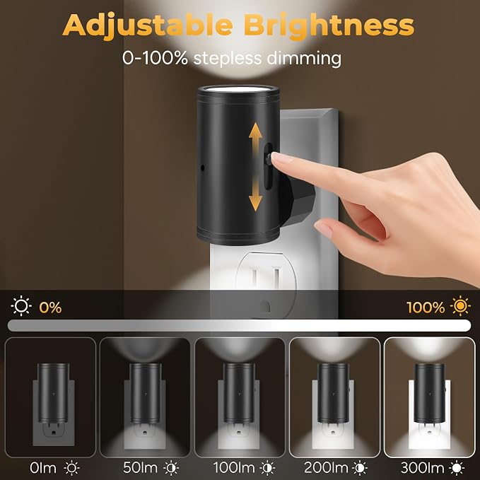 TSEXES Night Light Plug in Wall with Motion Sensor,5000K Daylight, 2 Pack | Motion Activated & Dusk to Dawn Sensor,Dimmbale, 5-300LM Adjustable Brightness, For Kitchen, Hallway, Bedroom, Stairs