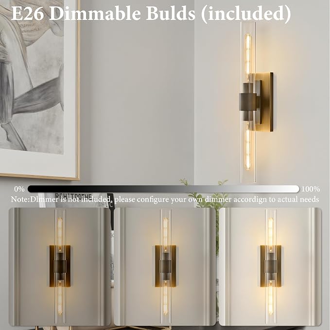 Linear Brass Bathroom Wall Sconce: Set of 2 Antique Modern Vanity Lights | Luxury Dimmable Brushed Gold Sconces, Clear Glass Tube Minimalist Light Fixture for Bedroom Living Room Hallway Indoor Decor