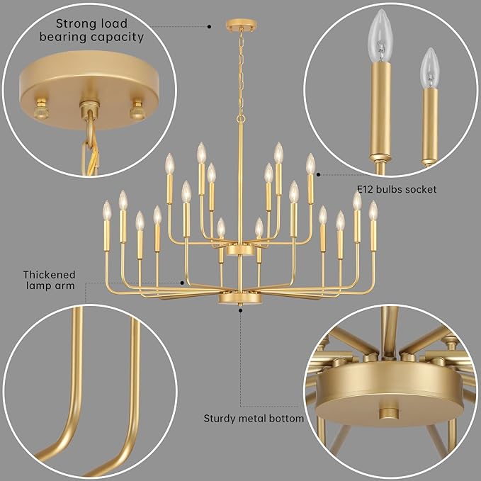 Gold Chandeliers for Dining Room Light Fixture Over Table, Modern Farmhouse Chandeliers for Living Room,12-Lights Industrial Metal Candle Lighting Fixtures for Entryway Kitchen Island Foyer