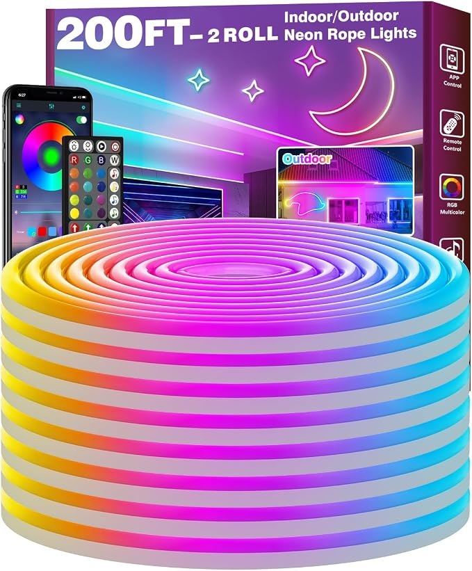 FBZ 200Ft Led Rope Lights, Flexible Neon Lights Control with App/Remote, Multiple Modes, IP65 Outdoor RGB Waterproof, Music Sync Gaming Light Strip for Bedroom Decor (200FT)