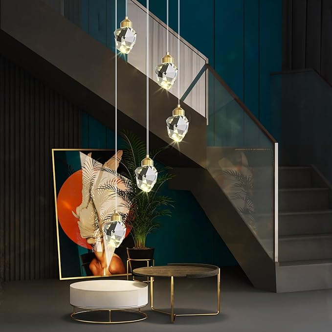 Modern Crystal Pendant Light, 3-Color LED Gold Ceiling Hanging Lamp, for Kitchen Island Bedroom Living Room Dining Room Lighting (5-Head Round Base)