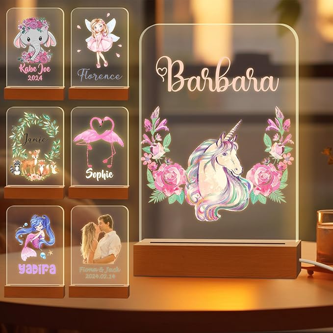 Personalized Night Light for Kids Custom Engraved Name Acrylic LED Lights with Wood Base for Nursery Bedroom Decor Night Lamp, Customized Birthday Gifts for Boy and Girl,UnicornFlower
