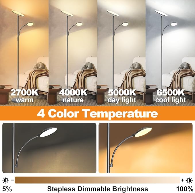 marctronic Gray Floor Lamps for Living Room, 44W/4500LM Super Bright 2 in 1 LED Floor Lamp with Remote, Stepless Dimmable, 69" Tall Standing Floor Lamp with Bendable Reading Light for Bedroom Office