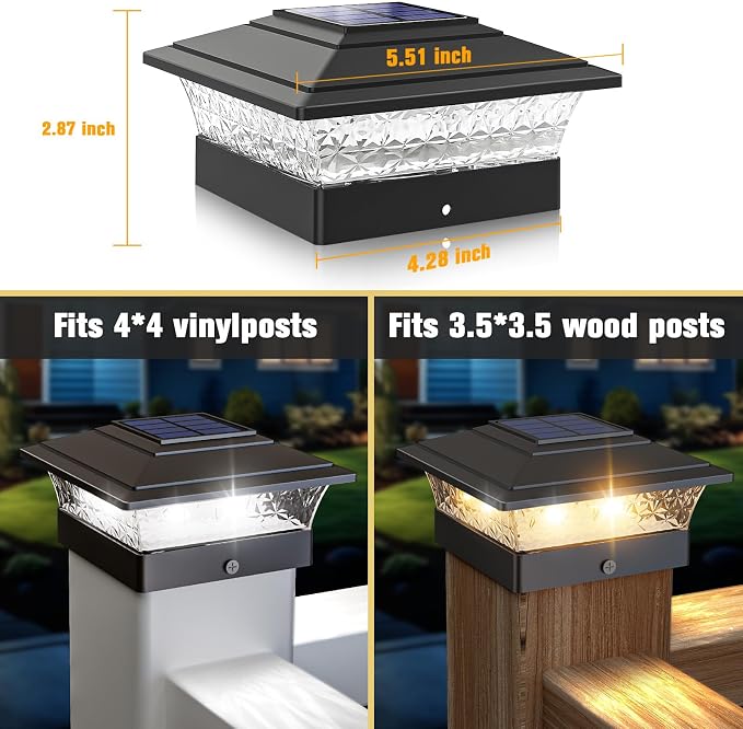 Solar Post Cap Lights Outdoor 12pack, Waterproof Fence Post Lights with 16 Ultra Bright LEDs Fit 4x4 Wood/Vinyl Posts, Black Deck Post Lights with Warm/Cool White for Garden Patio Porch Yard