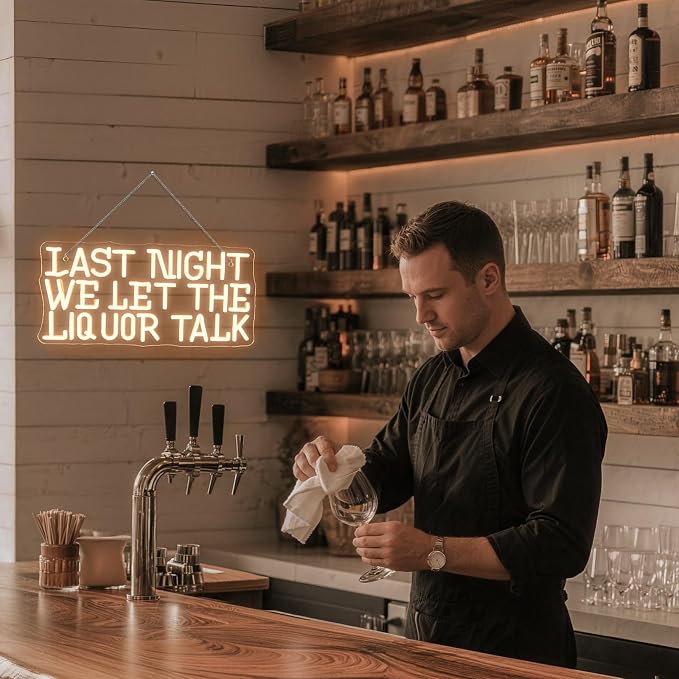 Last Night We Let The Liquor Talk Neon Sign Hilarious LED Bar Wall Decor for Home Bars, Taverns & Party Basements, USB-Powered Adjustable Brightness, Drinking Neon Sign