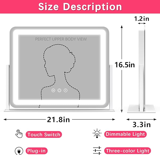 ROLOVE Large Vanity Mirror with Lights, 22"x17" Lighted Makeup Mirror for Desk, 3 Color Dimmable LED Lights, Smart Touch Control & 360° Rotation Tabletop Dresser Mirror (White)