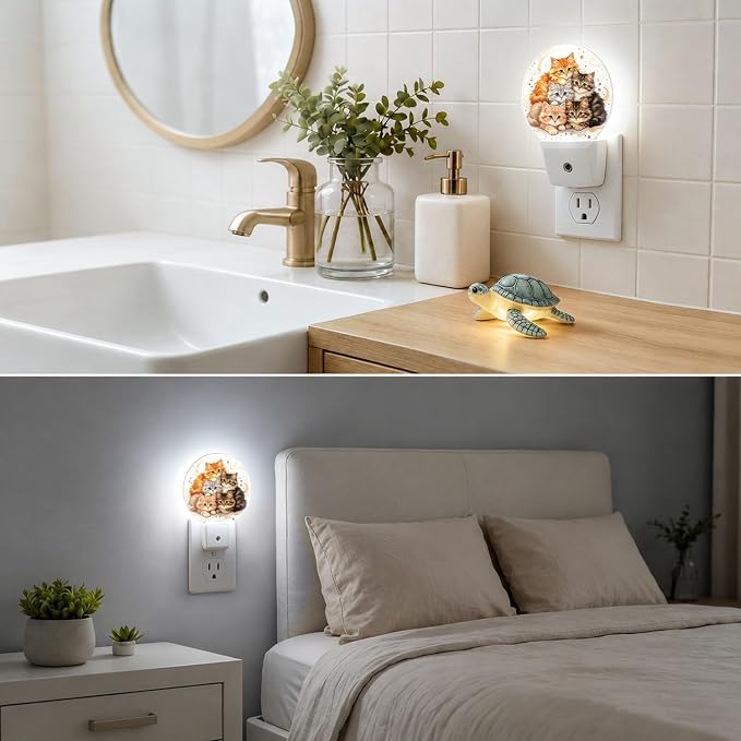 Nightlight Cute Cats Night Lights Plug Into Wall Auto Sensor | Watercolor Cartoon Kitten Night Light Auto Led Sleep Round Lamp for Living Room Hallway Stairs