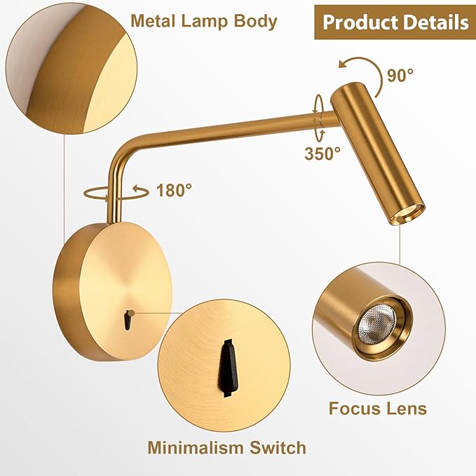 ZEROUNO Wall Mounted LED Reading Light for Bedroom Hardwired Wall Sconce with Switch on/Off Modern 3000K Swing Arm Bedside Wall Mount Lamp (Antique Bronze)