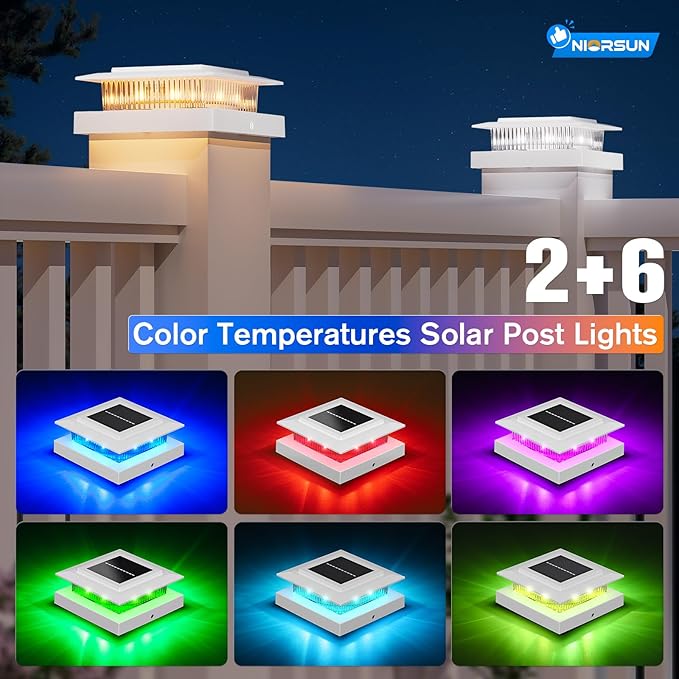 4x4 Post Solar Lights Color Changing,Solar Post Light, 6 Pack White | RGB Solar Post Cap Lights for 4x4 Post Caps Wood Vinyl,5x5 Vinyl,IP44 Waterproof Fence Post Solar Lights Outdoor for Deck