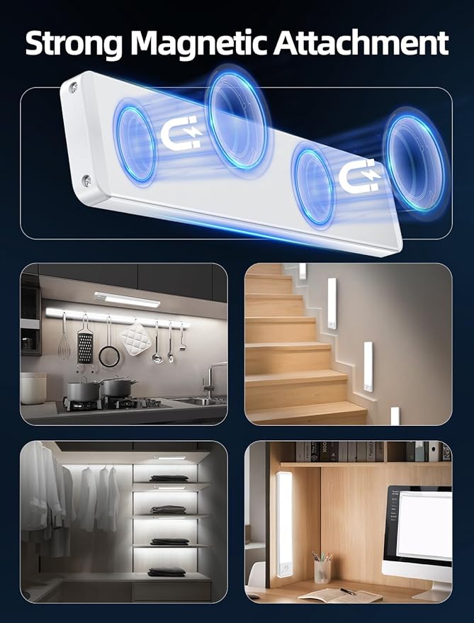 Under Cabinet Motion Sensor Lighting: 10 Inch Dimmable Rechargeable Lights Indoor - Battery Operated Lights - Undercabinet Closet Light Magnetic Led Light for Kitchen Home Bathroom Counter 5 Pack