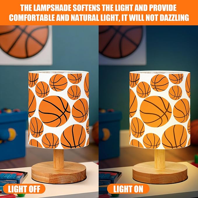 Basketball Kids Table Lamp for Bedroom Kids Bedside Lamp with Linen Wooden Nightstand Cartoon Nursery Lampshade for Girls Boys Living Room