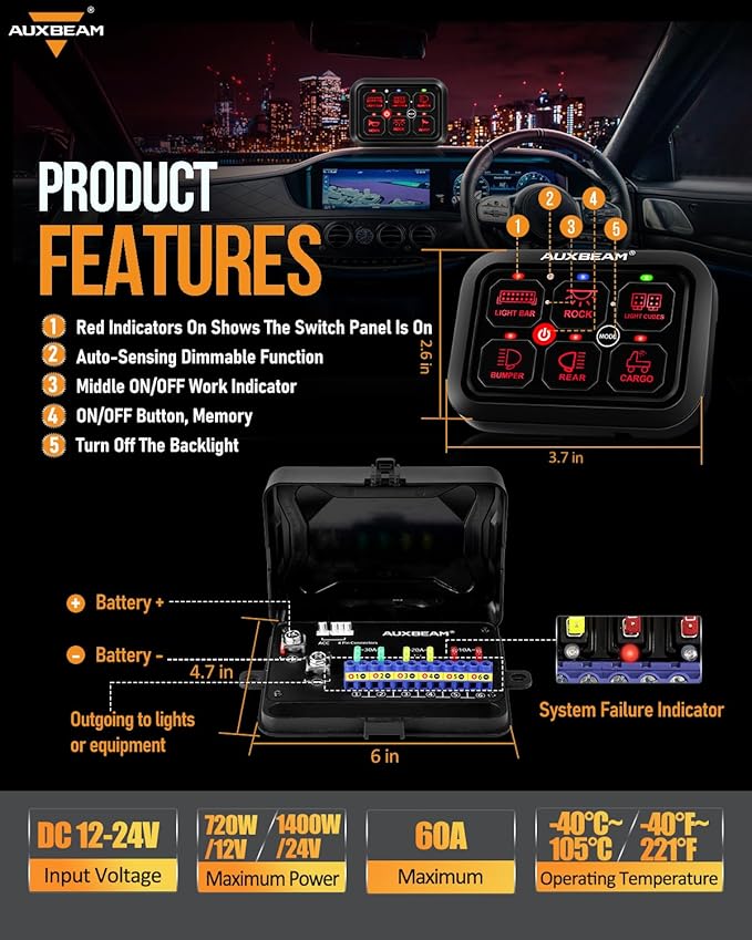 Auxbeam 6 Gang Switch Panel RA60 Toggle Momentary Pulsed RGB Dimmable Switch Panel Multifunction Switch Panel Built in Solid State Relay Marine Control Panel Waterproof for Car Boat, 3 Years Warranty