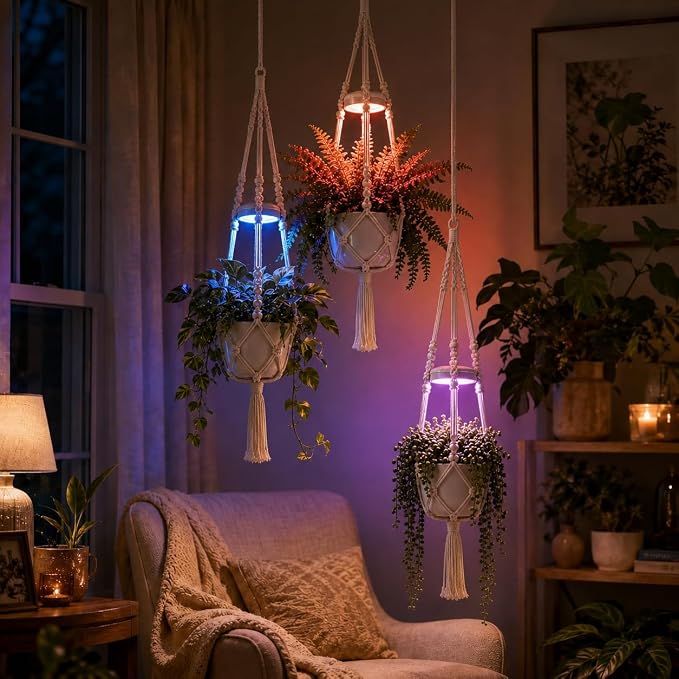 Hanging Rechargeable Plant Grow Lights for Indoor with Timer, Wireless Battery Powered Full Spectrum Pendant Growing Light with Macrame Plant Hanger, Wall/Ceiling Mounted Planta Luz for Home Decor