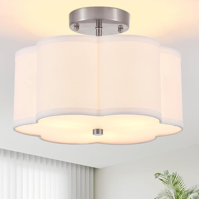12.9" Chrome Semi Flush Mount Ceiling Light, Linen 3-Light Fixture | White Linen Petal Shade, Modern Chrome Style For Bedroom, Hallway Kitchen, Basement, Bedroom,Laundry; Close-To-Ceiling, E26
