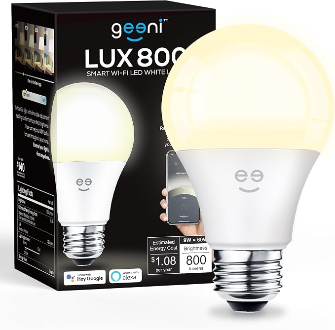 Geeni LUX 800 Smart Wi-Fi LED White Light Bulb (2700K), A19, 60W Equiv. | Dimmable, no hub required, works with Alexa & Google Home