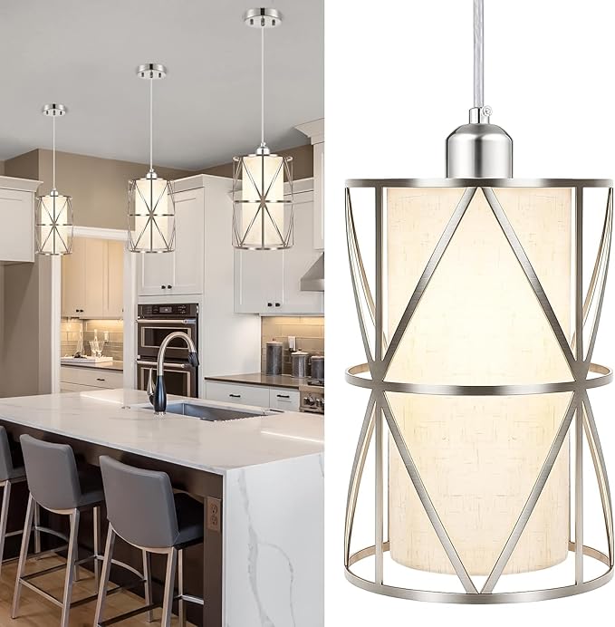 7"×10" Modern Pendant Lights Kitchen Island - Adjustable Height Brushed Nickel Kitchen Pendant Lights with Linen Shade, UL Certified Pendant Lighting for Dining Room, Entryway