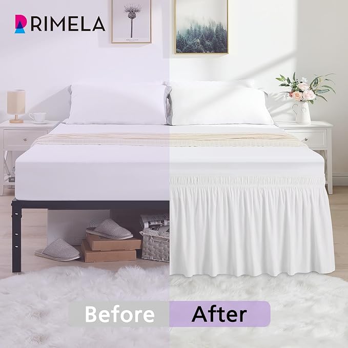 RIMELA White Bed Skirt Twin Size 15 Inch Drop, Elastic Bed Skirting for Adjustable Bed Base & Frame, Bedding Dust Ruffle Easy to Install, Lightweight Wrap Around Bedskirt