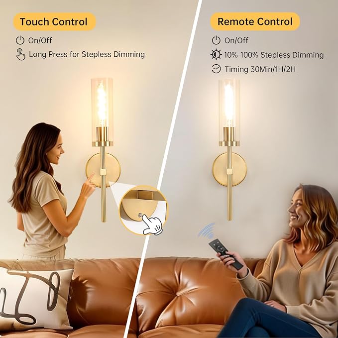 Shenmoyl Battery Operated Wall Sconces Set of 2, Gold Rechargeable Wall Lighting Fixtures, Dimmable Wall Lights with Remote & Clear Glass Shade for Living Room, Bathroom,Bedroom
