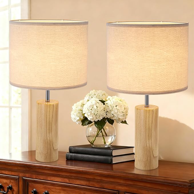 lapupu 23.5" Wood Table Lamps Set of 2 for Living Room, Vintage Farmhouse Bedside Lamps for Bedroom, Large Round Desk Lamps for End Table Nightstand, Natural Wood