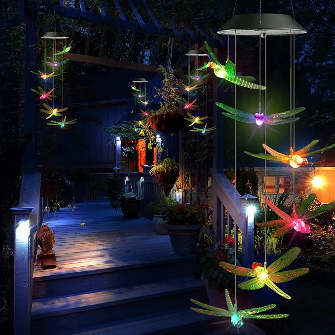 Toodour Solar Wind Chimes Outdoor, Color Changing Solar Lights Dragonfly | Gifts for Mom Grandma, Waterproof Decorative Mobile Light, Gardening Gift for Garden,Patio, Window, Yard, Outdoor Decor