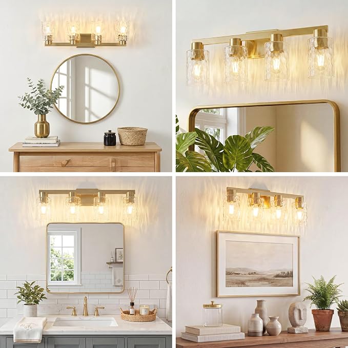 4-Light Bathroom Light Fixtures with Water Ripple Glass, Gold | Vanity Lights, Modern Wall Sconces, Over Mirror for Bathroom, Powder Room, Living Room