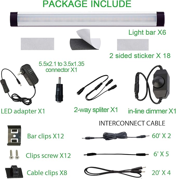 AIBOO LED Under Counter Light Rigid Bar Kit, Plug in Corded 12V LED Under Cabinet Lighting Dimmable with Switch for Counter Shelf Showcase Display Lighting (6 Panels,Daylight White) (Pack of 2)