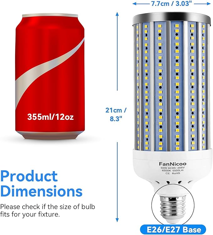 FanNicoo 2 Pack 500W Equivalent LED Corn Light Bulb 5500 Lumen 6500K 60W Large Area Cool Daylight White E26/E27 Medium Base for Outdoor Indoor Garage Warehouse Factory Workshop Street Backyard