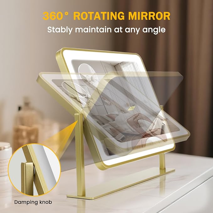 Rechargeable Vanity Mirror with Lights, 3000mAH Battery, 14"×12" LED Makeup Mirror, 10X Magnification, Smart Touch with 3-Color Lighting, 360° Rotation, Lighted Up for Makeup Desk, Bedroom (Gold)