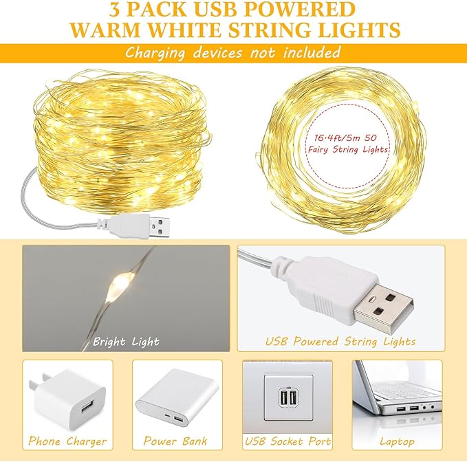 Macarrie 3 Pcs Warm White Fairy Lights USB Powered 16 ft 50 LED String Lights Plug in for Indoor Outdoor Bedroom DIY Party Wedding Home Festival Tree Garden Xmas Decoration