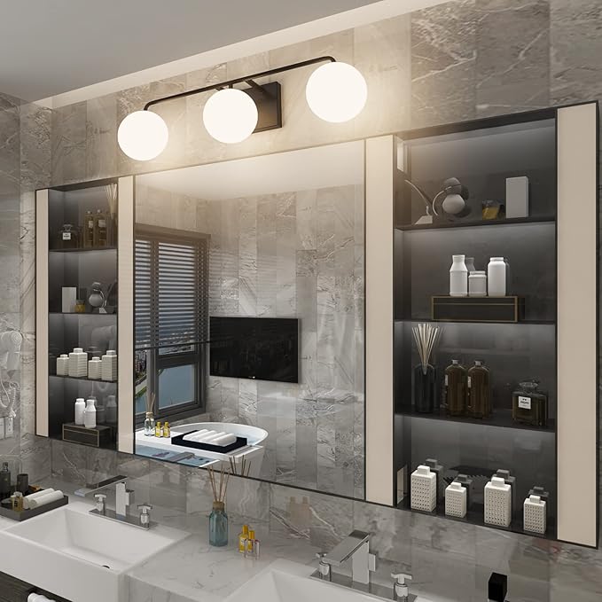 Tipace Mid Century Modern Bathroom Vanity Lights Fixtures 3-Light Black Milk White Globe Glass Industrial Vanity Lighting Over Mirror (Exclude Bulb)