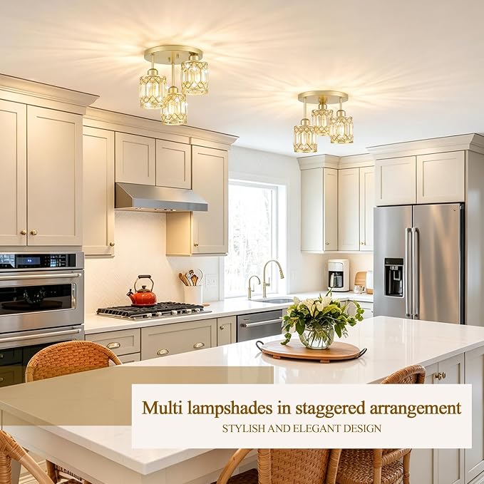 Gold Crystal Ceiling Light Fixture, 3-Light, E26 | Modern Semi Flush Mount Ceiling Light, Kitchen Lighting Fixtures Ceiling for Hallway Bedroom Bathroom Laundry Room