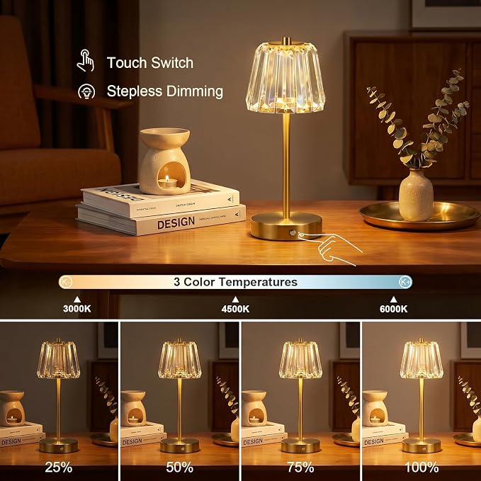 13" Small Crystal Cordless Table Lamp, Touch Rechargeable Desk Lamps | 3 Color Temps, Stepless Dimming, Gold Portable Battery Operated LED Table Lamp for Bedside, Nightstand, Kitchen, Patio, Decor