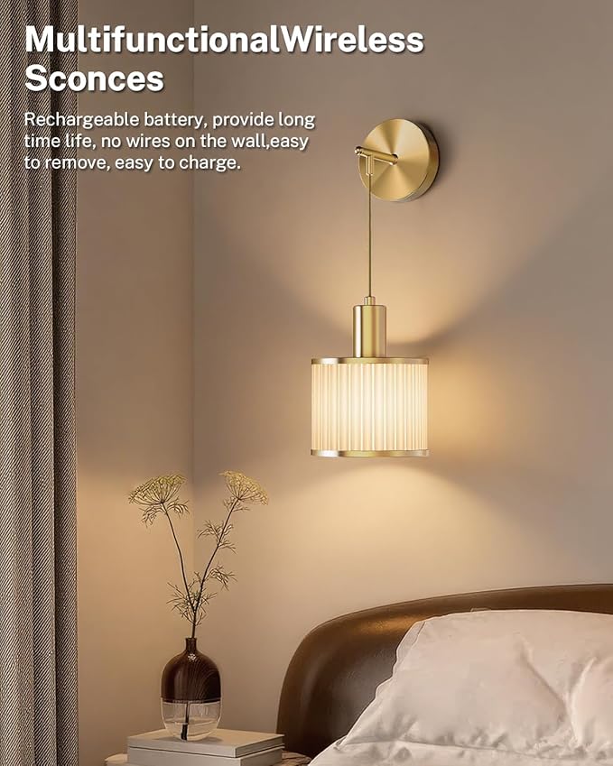 SAIMAND Battery Operated Wall Sconces Set of 2,Wireless Rechargeable Lights | Modern Cordless Wall Sconces with Remote Control, 9-Color Dimmable LED Lamps for Bedrooms, Living Rooms and Hallways (Gold)
