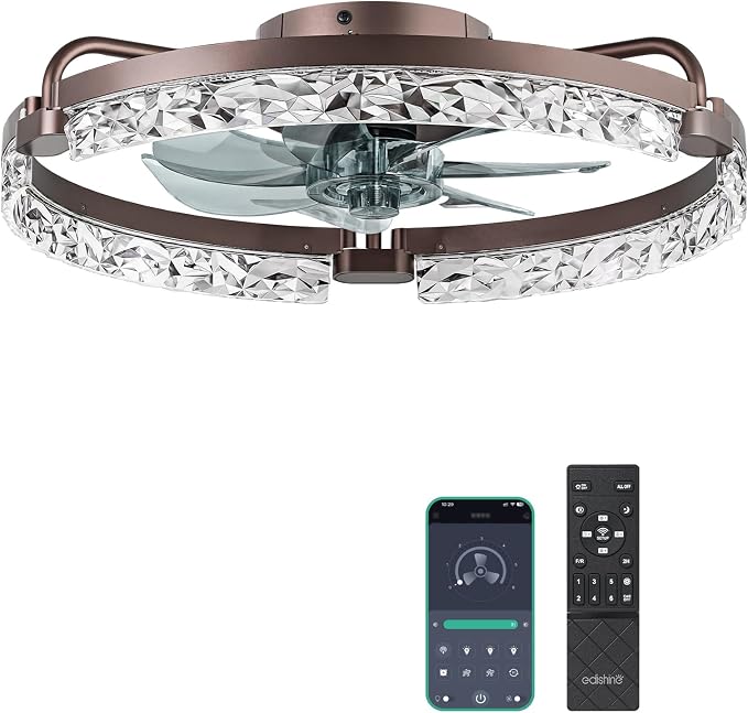 EDISHINE Ceiling Fans with Lights, 20'' Low Profile Flush Mount Fandelier | LED Low Profile Fan Light 3000-6000K Dimmable, 6 Speeds, DC Motor, APP Control, Modern Fandelier for Bedroom, Brown