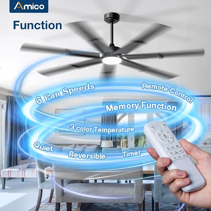 Amico 66 Inch Ceiling Fans with Lights and Remote, Black | 6 Speed Reversible DC Motor, 3CCT, Dimmable, Quiet, Timer, Large Modern Ceiling Fan for Living room, Indoor/Outdoor