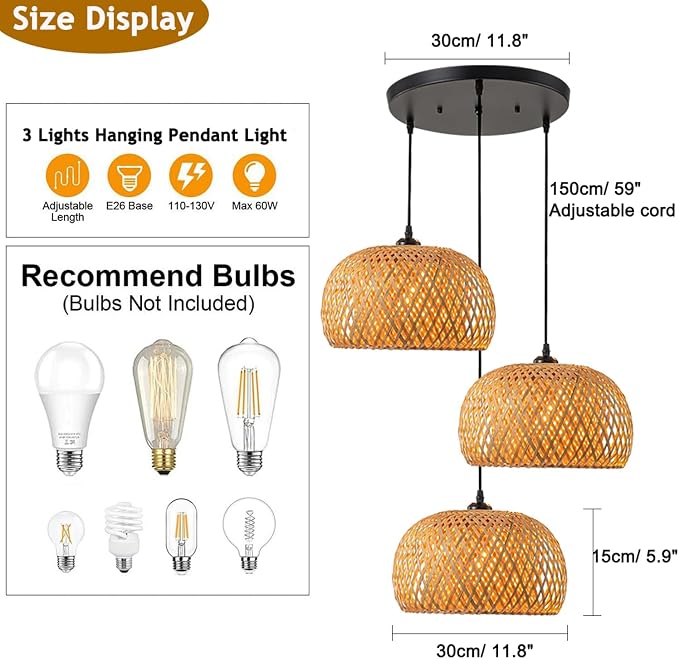 3 Light Open Weave Ceiling Hanging Fixture, Bulbs Not Included | Rustic Bamboo Pendant Light, Wicker Basket Shades, Adjustable 59", Hanging Lamp for Kitchen island Dining Table stairwell