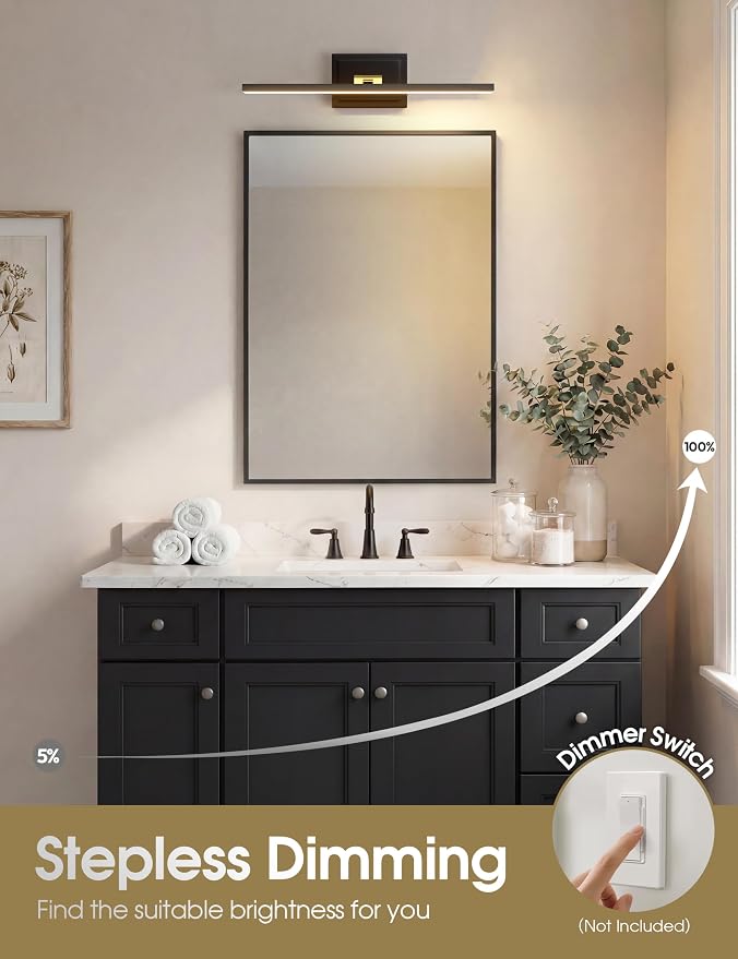 VOLISUN Modern Bathroom Vanity Light 24 inch, Rotatable, 14W Dimmable 5CCT Led Bathroom Light Fixture Over Mirror, Black Gold Bar Vanity Light for Bathroom Mirror Restroom-ETL Certificated