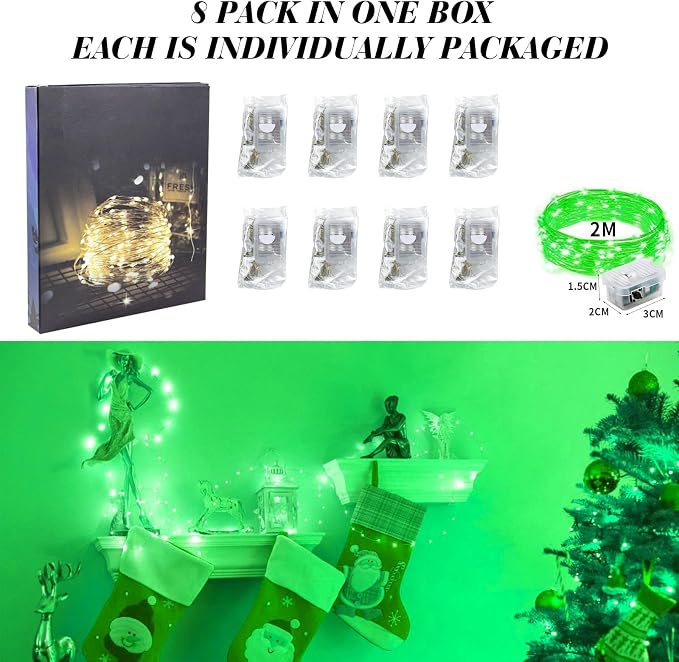 ZGWJ 8 Pack Green Fairy Lights, Mini String Lights | Battery Operated 7 FT 20 LED Waterproof 3 Modes for DIY, Parties, Wedding, Halloween, Christmas Decoration