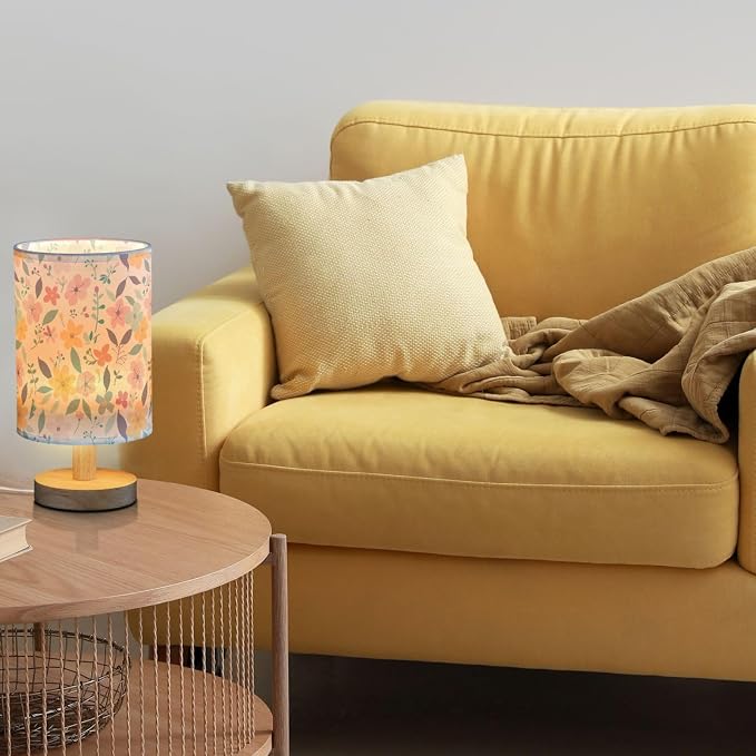 Cute Spring Floral Yellow Pink Flowers Table Lamp for Bedroom USB Port Lamps Small Accent Table Lamp Nightstand Lamp Sturdy Linen Shade Wooden Base Decorative Lamps for Bedside Reading|Kids|Dorm|Home