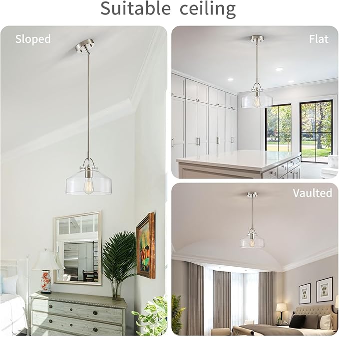 WUZUPS Chandelier Rustic Farmhouse Industrial Round Ceiling Pendant LED Light Fixture with Clear Glass Shades for Dining Room Kitchen Island Foyer Entryway, H 9.4" x W 10.6", E26 Base, Brushed Nickel