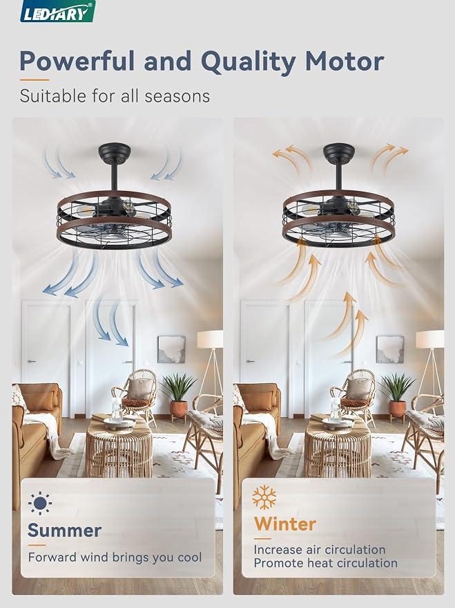 LEDIARY 20 inch Fandelier Caged Ceiling Fan with Light and Remote, Walnut | 6 Speed Adjustable,Timing, Quiet & Powerful DC, Small, Farmhouse, Industrial, Enclosed, Bladeless, Bedroom, Kitchen, Downrod