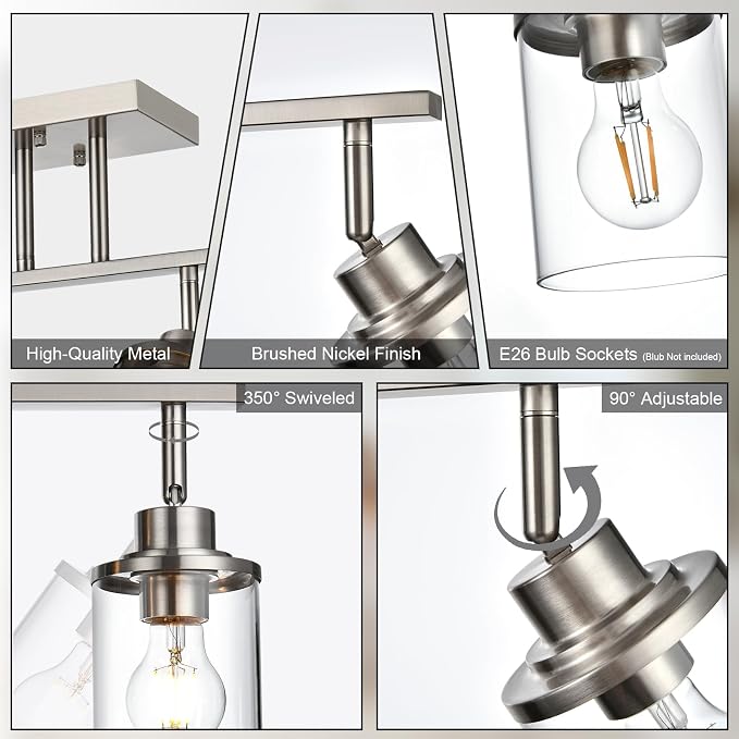 Yaohong 3-Light Track Lighting Kit Brushed Nickel Track Lighting Fixtures, Bathroom Wall Light Ceiling Mount Rotatable Spotlights, Kitchen Ceiling Light Fixtures with Glass Shade for Bathroom Hallway