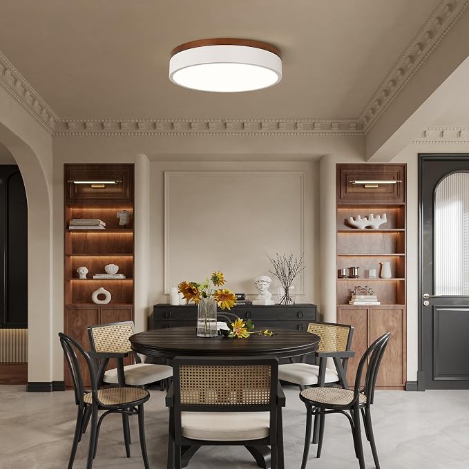 12" Minimalist White and Walnut Wood LED Flush Mount Ceiling Light | Natural Wood Accent, Integrated LED, 5CCT Before Installation, Slim Low-Profile Design, Minimalist Modern Style, Compact Size