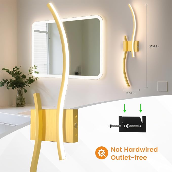VOLISUN Battery Operated Wall Sconces Set of Two, 27.6 inch Wireless Wall Sconces, 3000K-6500K Dimmable Wall Lamps with Remote, Rechargeable Gold Wall Lights for Living Room, Hallway, Bedroom