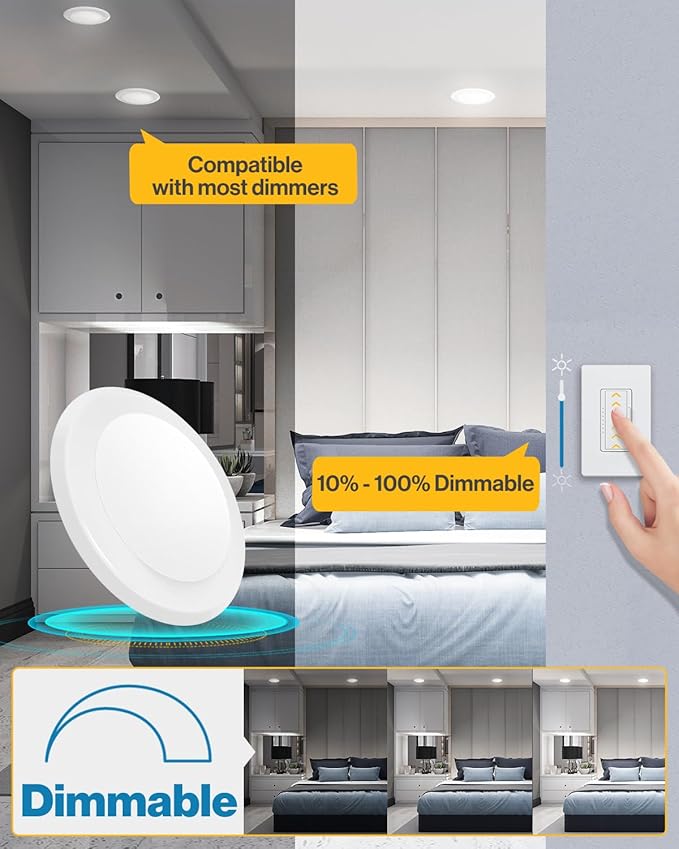 Sunco 6 Pack LED Disc Lights Ceiling 6 Inch, Flush Mount Disk Light, Recessed Can Lighting, 1050 LM, 15W (75W Equivalent), 3000K Warm White, Dimmable, Damp Rated ETL.