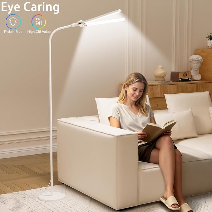 LED Floor Lamp, 24W Dual Head Dimmable Standing Lamp with Remote & Touch Control, Adjustable Gooseneck, 3000K-6500K Modern Reading Lamp for Living Room, Bedroom, Office & Crafts