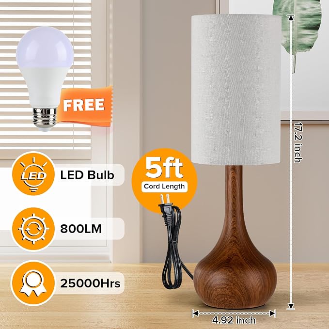 Mid Century Modern Walnut Wood Grain Table Lamp, Touch Control & 3-Way Dimmable, Space-Saving Design, Vintage Bedside Lamp for Bedroom, Living Room, Office (LED Bulb Included)