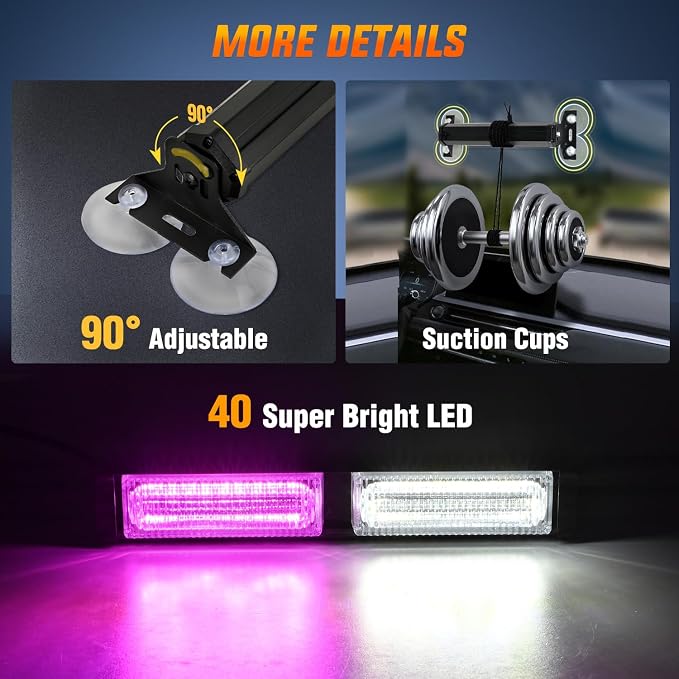 Nilight 40LED Purple White Emergency Strobe Traffic Advisor Light Bar with Suction Cups Dash Safety Warning Hazard Flashing Lights Interior Front/Rear Windshield for Trucks Construction Vehicles | with Suction Cups Dash Safety Warning Hazard Flashing L...