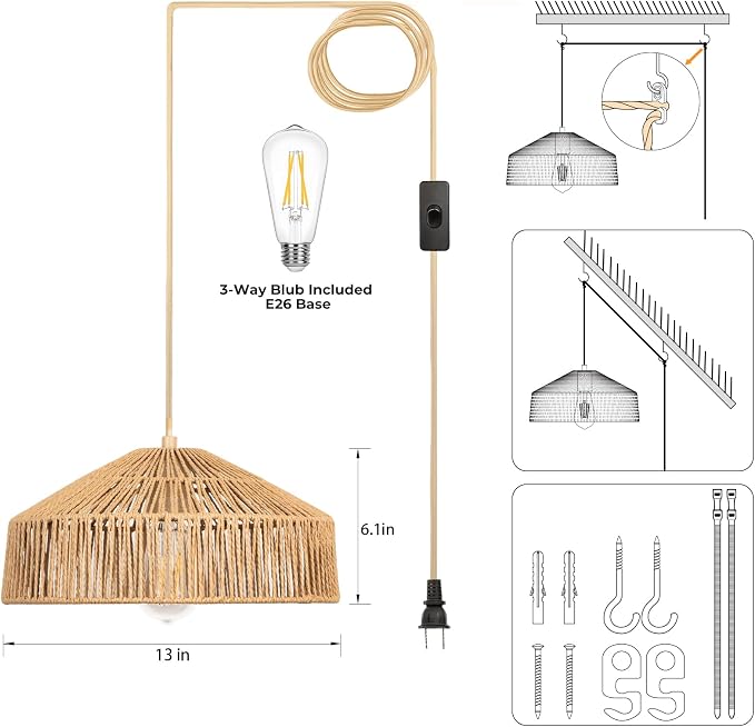 Qingmiao Boho Plug in Pendant Light, Handwoven Shade, 3 Way Bulb, 14ft Cord | Rattan Hanging Lamp Plug in, Dimmable Hanging Light Fixture for Living Room Bedroom Kitchen Ceiling Farmhouse Home Decor