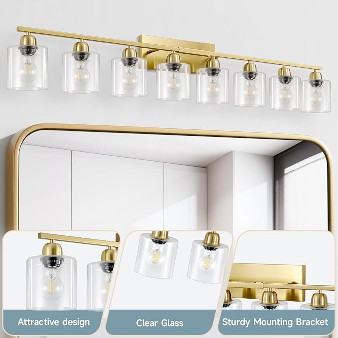 Modern Brushed Gold 8 Light Bathroom Light Fixtures, 52 inch Vanity Lights for Bathroom with Clear Glass, Bathroom Light Fixture for Mirror Kitchen Living Room Hallway Cabinet Porch